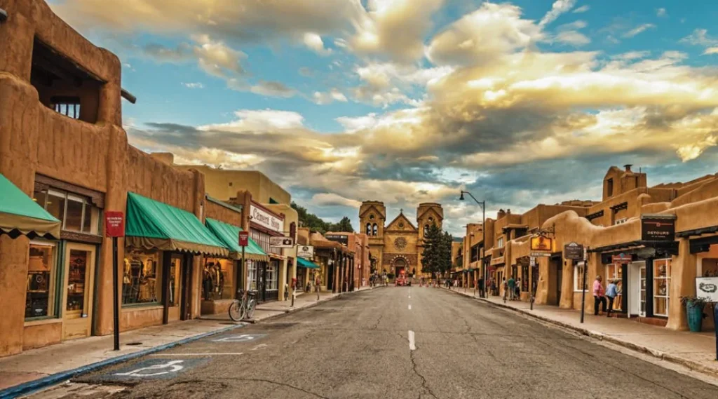 Historic adobe shops and commercial buildings line a downtown street, ending at a large cathedral.
