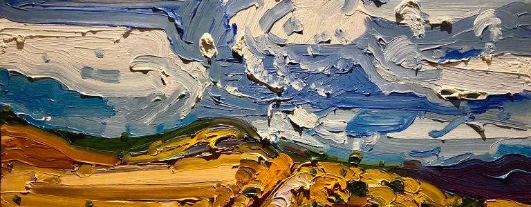 A close-up of an impasto oil painting depicts rolling yellow and green hills under an expressive blue and white sky.