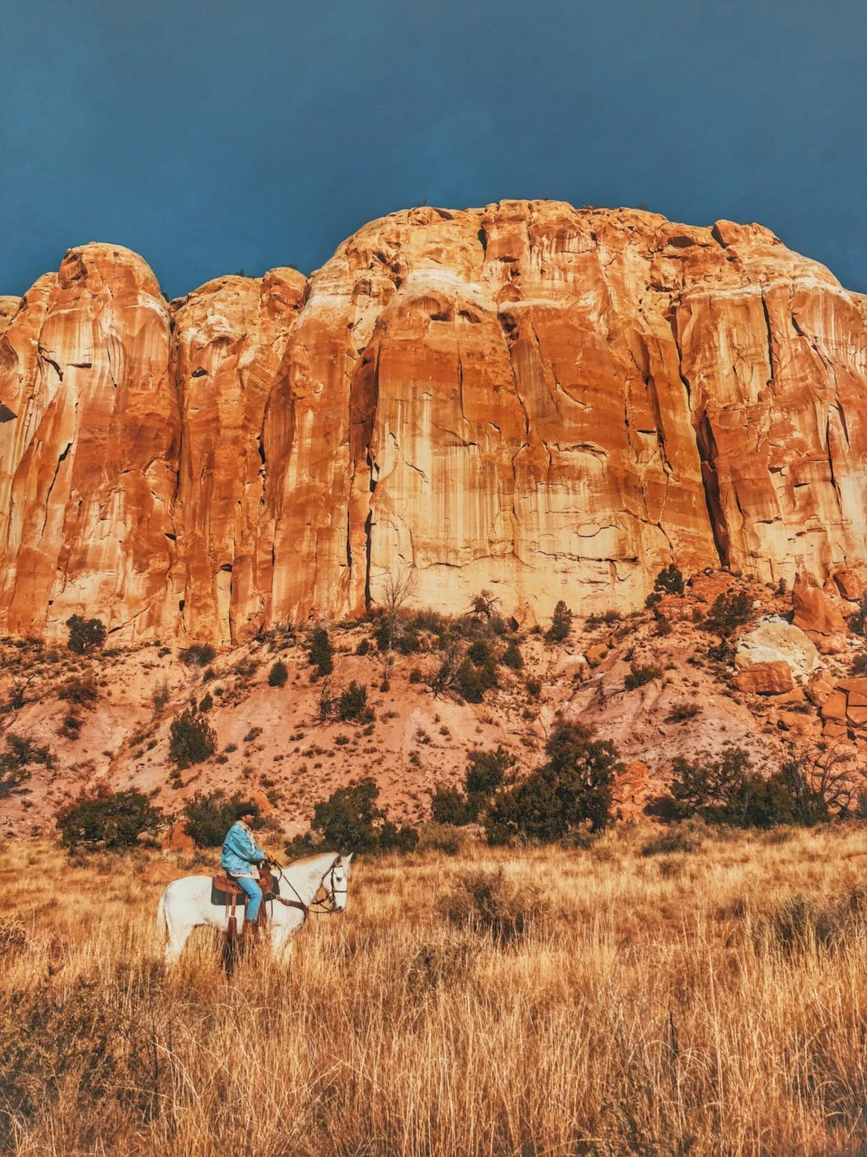 A man riding a horse near mountain