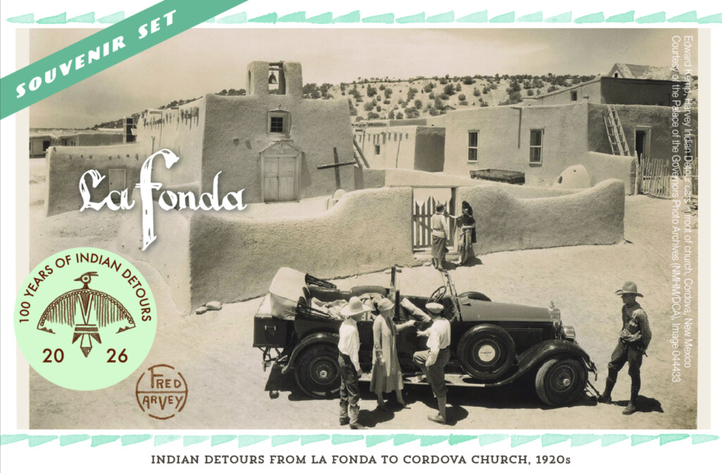 Vintage photo of Indian Detours with a Harvey Car at a local Pueblo.